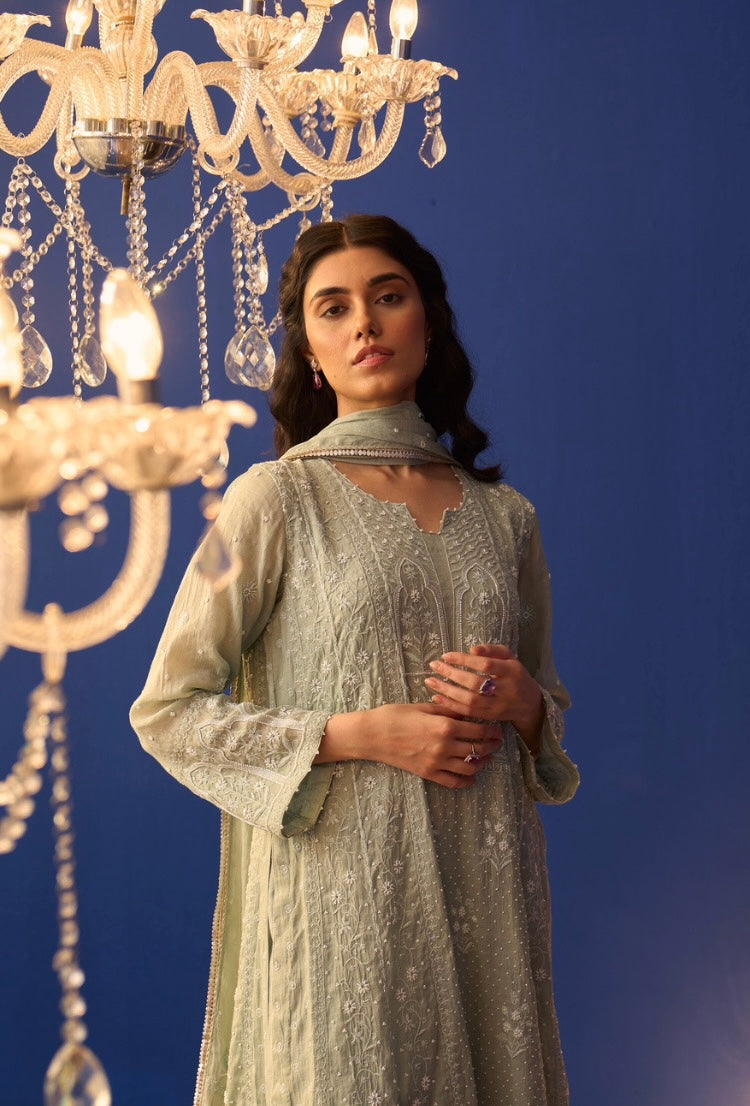 Mint Green Tissue Chikankari High Slit Anarkali Set