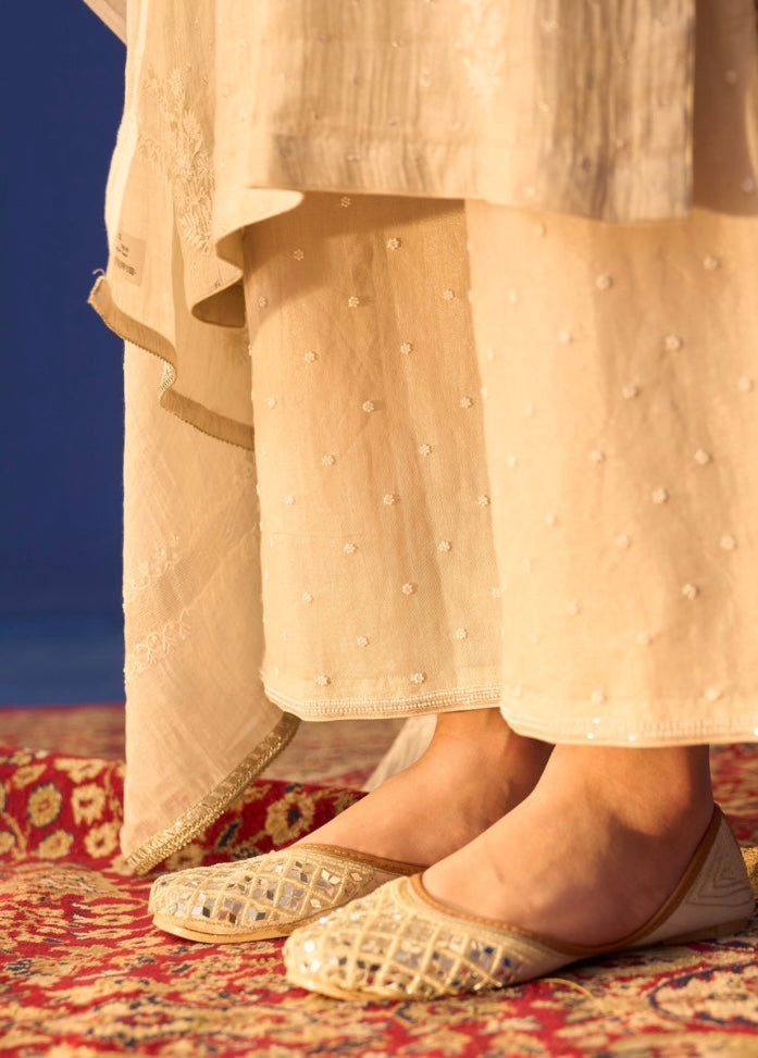 Grey Silver Tissue Chikankari Kurta Set with Palazzo Pants