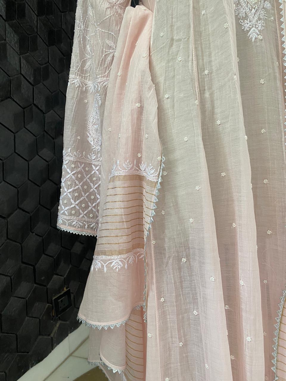 Pink chikankari Anarkali Suit in Mul Chanderi