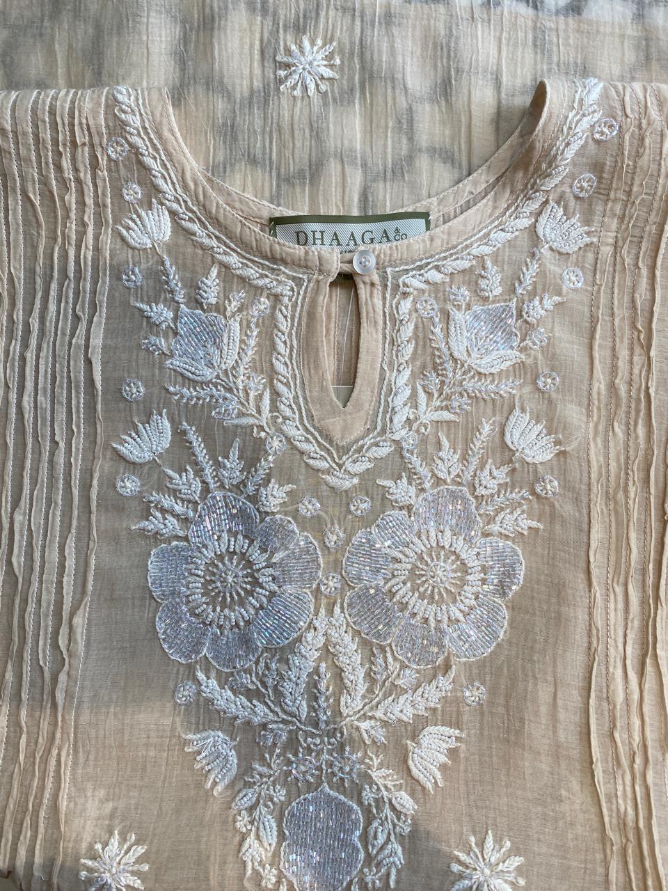 Beige mul chanderi chikankari co-ord set