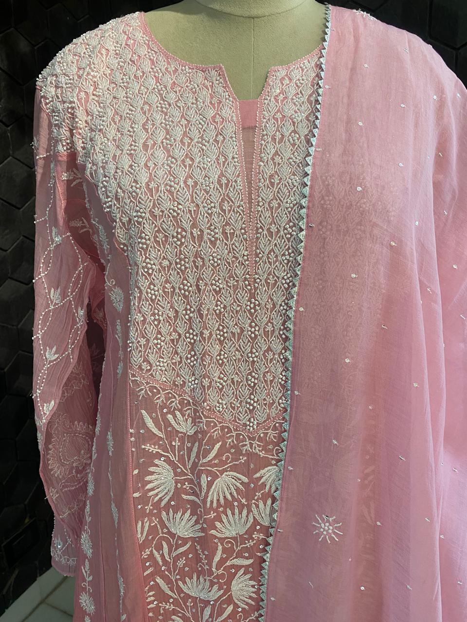 Pink Ombre Centre Panel Lotus Chikankari kurta set