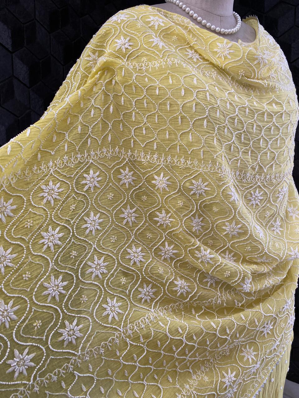 Yellow Mul Chanderi Chikankari Kurta Set
