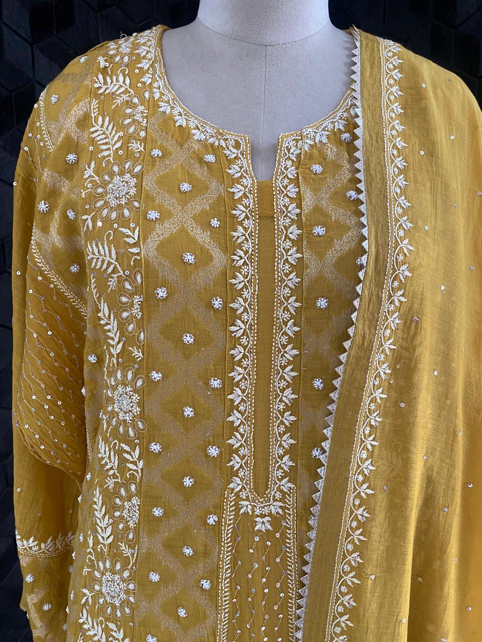 Mustard yellow Mul chanderi zari Box kasab anarkali suit