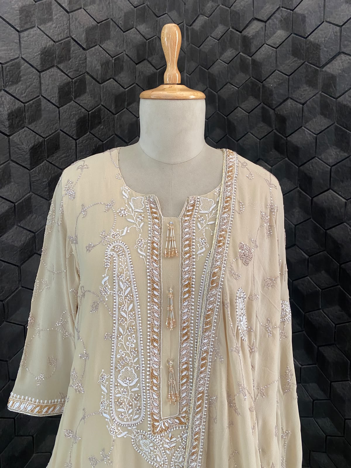 Beige Georgette Chikankari Kurta Set