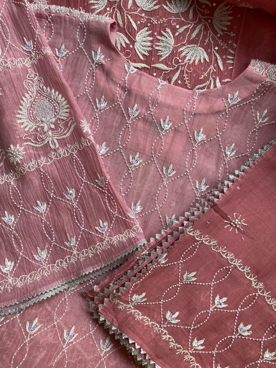 Pink Ombre Centre Panel Lotus Chikankari kurta set