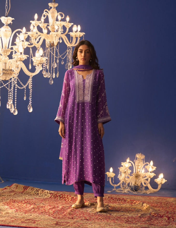 Dark Purple Mul Chanderi Chikankari Straight Kurta Set with pleated pants