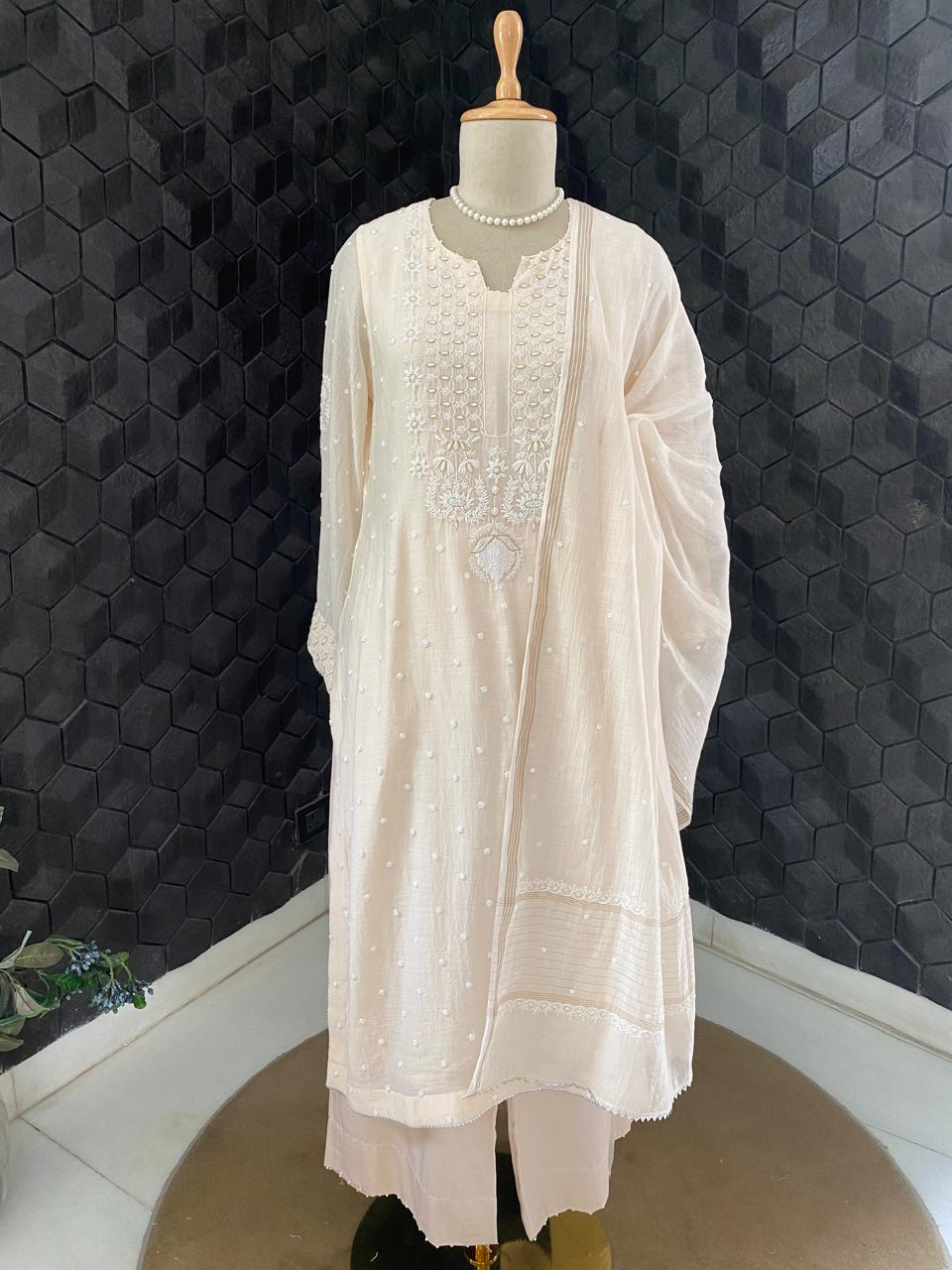 Beige Mul Chanderi Chikankari Kurta Set