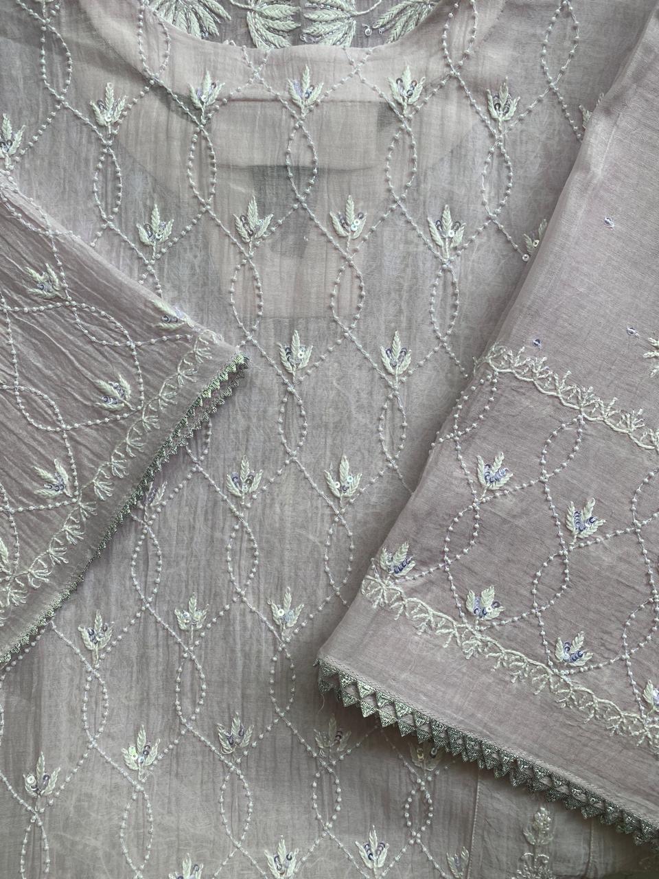 Lilac Panel Lotus Chikankari Mul Chanderi A-Line Kurta Set