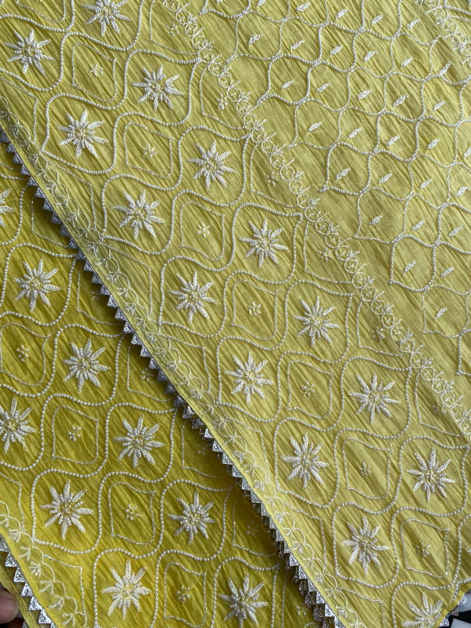 Yellow Mul Chanderi Chikankari Kurta Set