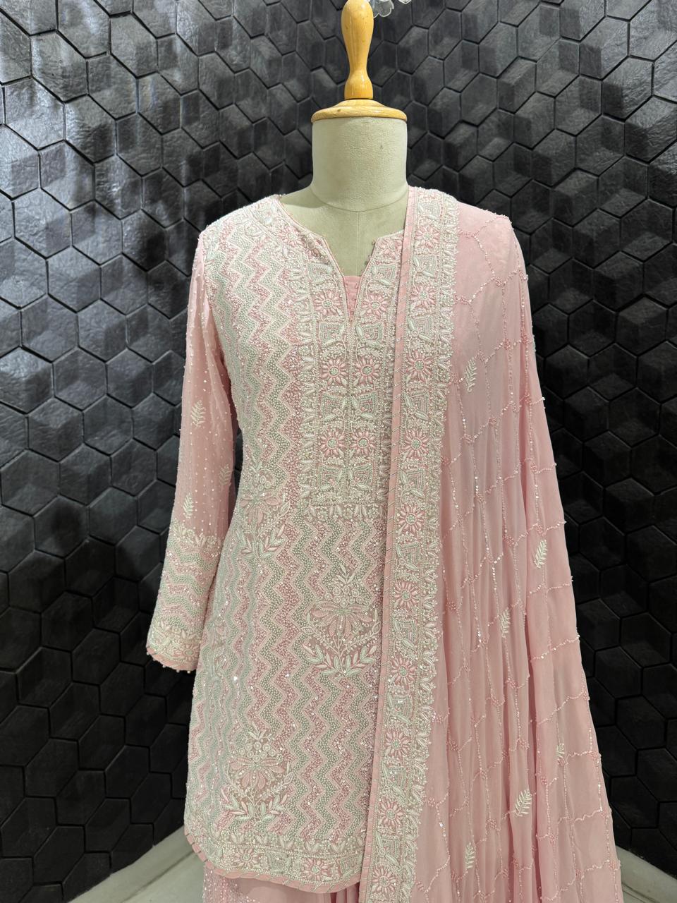 Pink Multi- Sequins Georgette Sharara Set