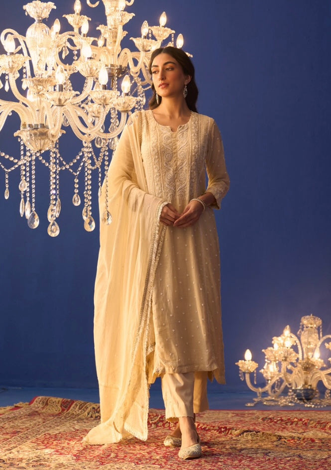 Cream Mul Chanderi Chikankari Straight Kurta Set