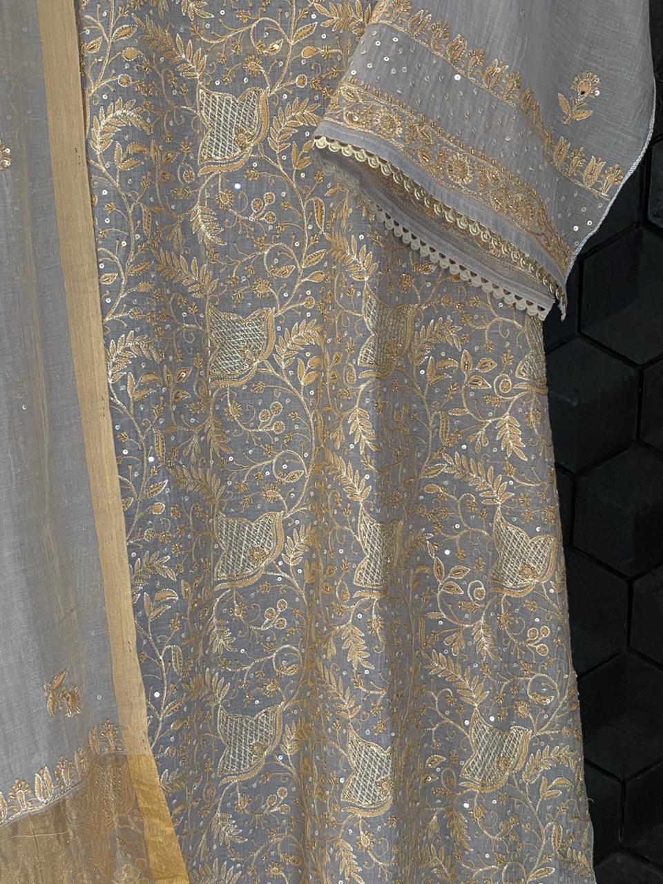 Lilac Golden Tissue Chikankari Kurta Set