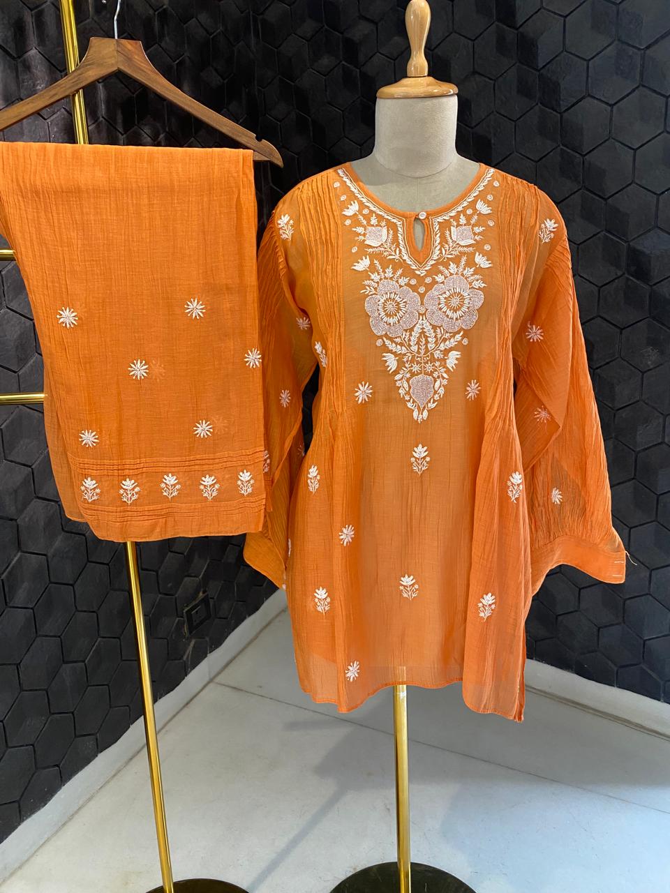 Orange mul chanderi chikankari co-ord set