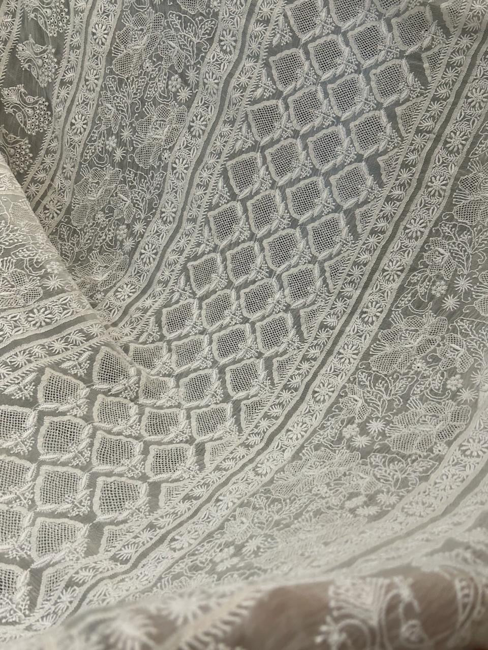 Premium White Chiffon Chikankari Saree With Statement Chikankari Jaal