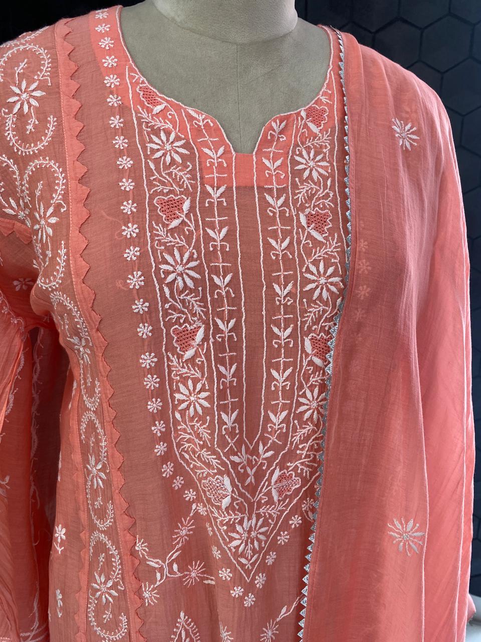 Orange Mul Chanderi Chikankari kurta set