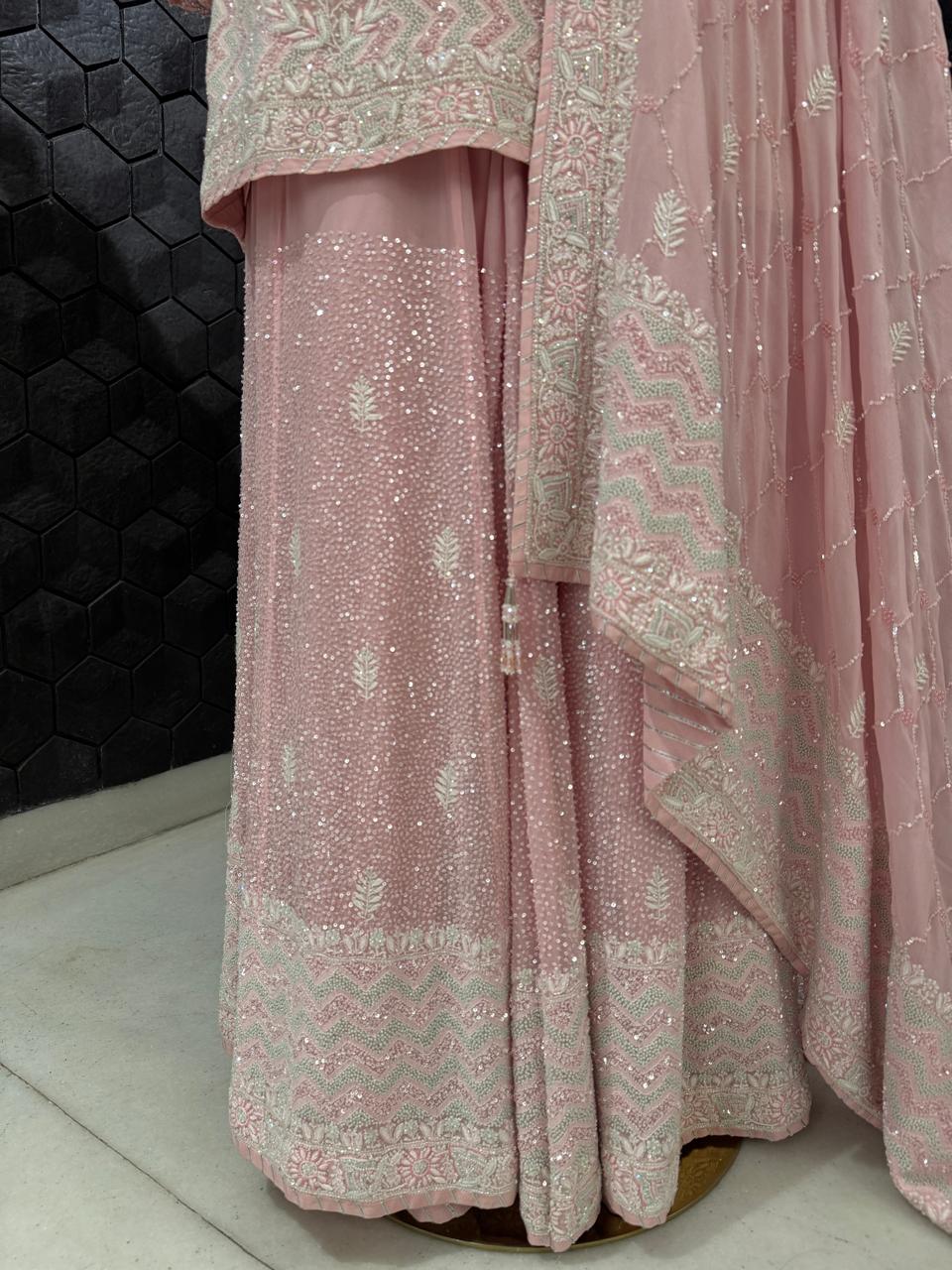 Pink Multi- Sequins Georgette Sharara Set