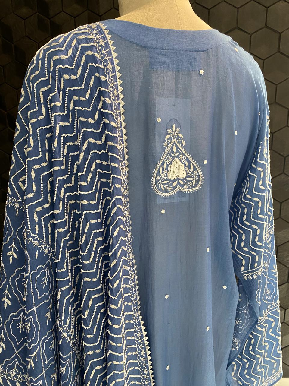 Cobalt Blue Mul chanderi chikankari with heavy dupatta kurta set