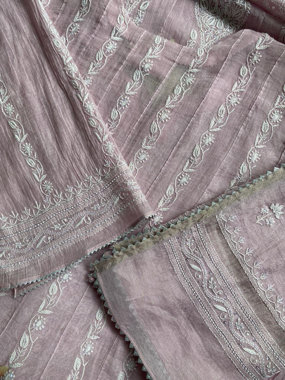 Lilac silver tissue chikankari anarkali kurta set