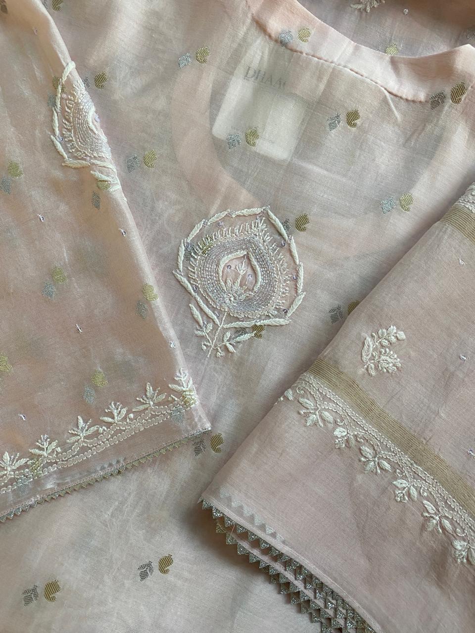 pink mul chanderi silver gold booti with chikankari kurta set