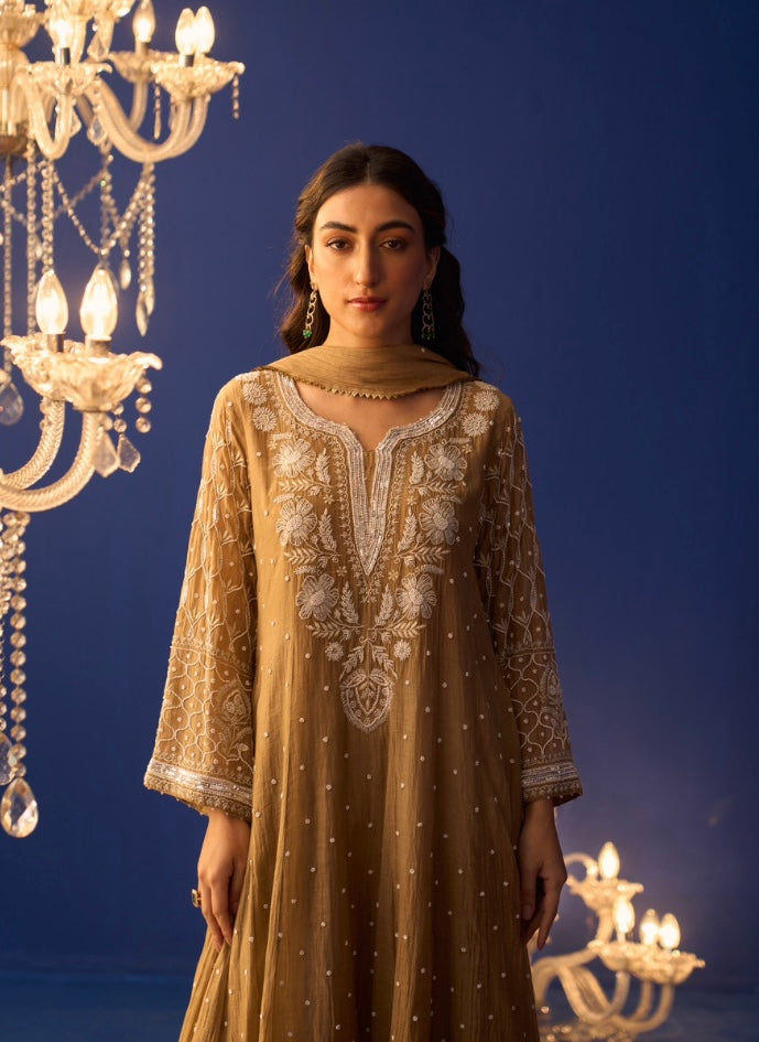 Brown Mul Chanderi Chikankari Kalidar Kurta Set