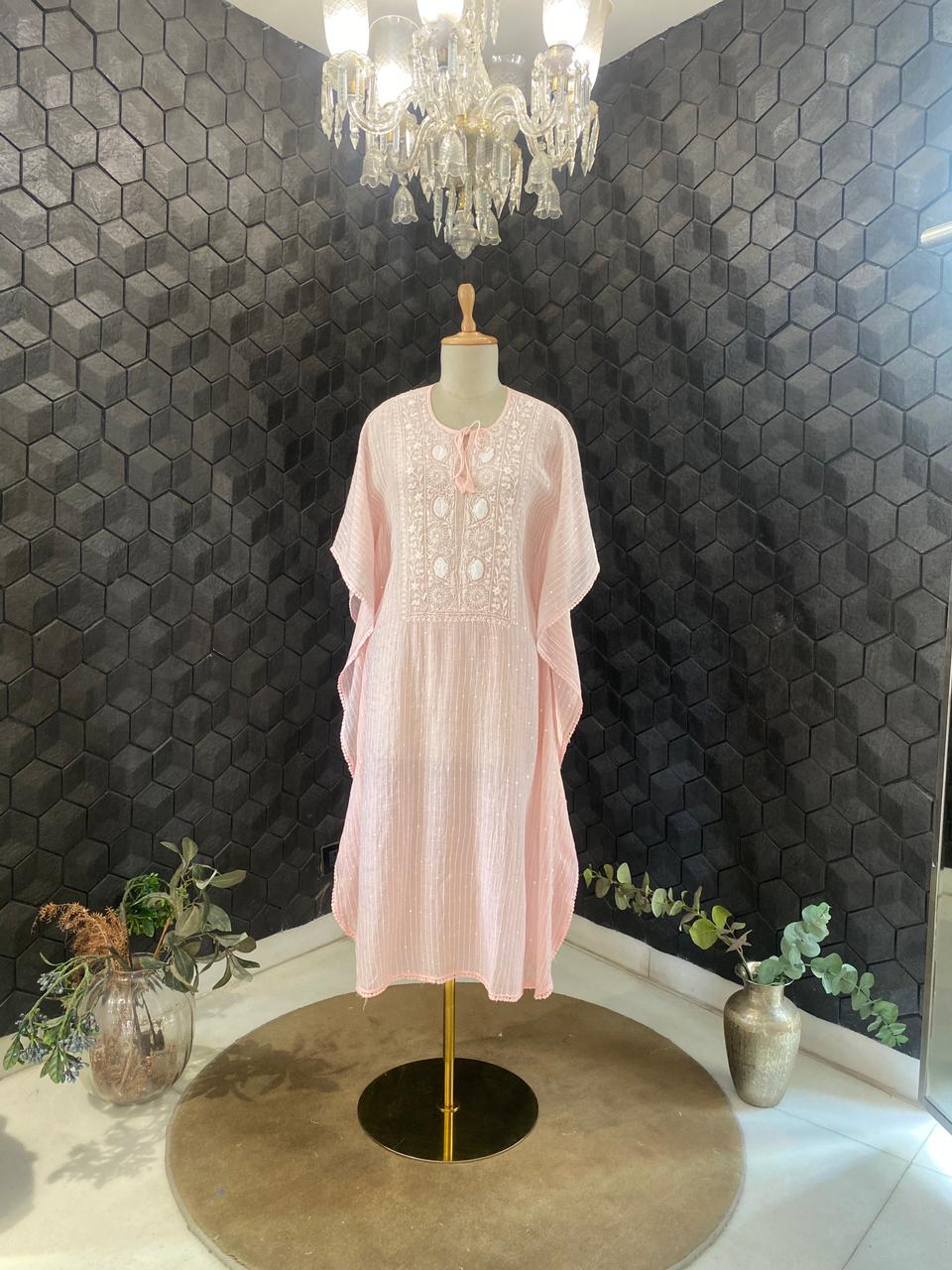 Pink Mul Chanderi Chikankari Kaftan