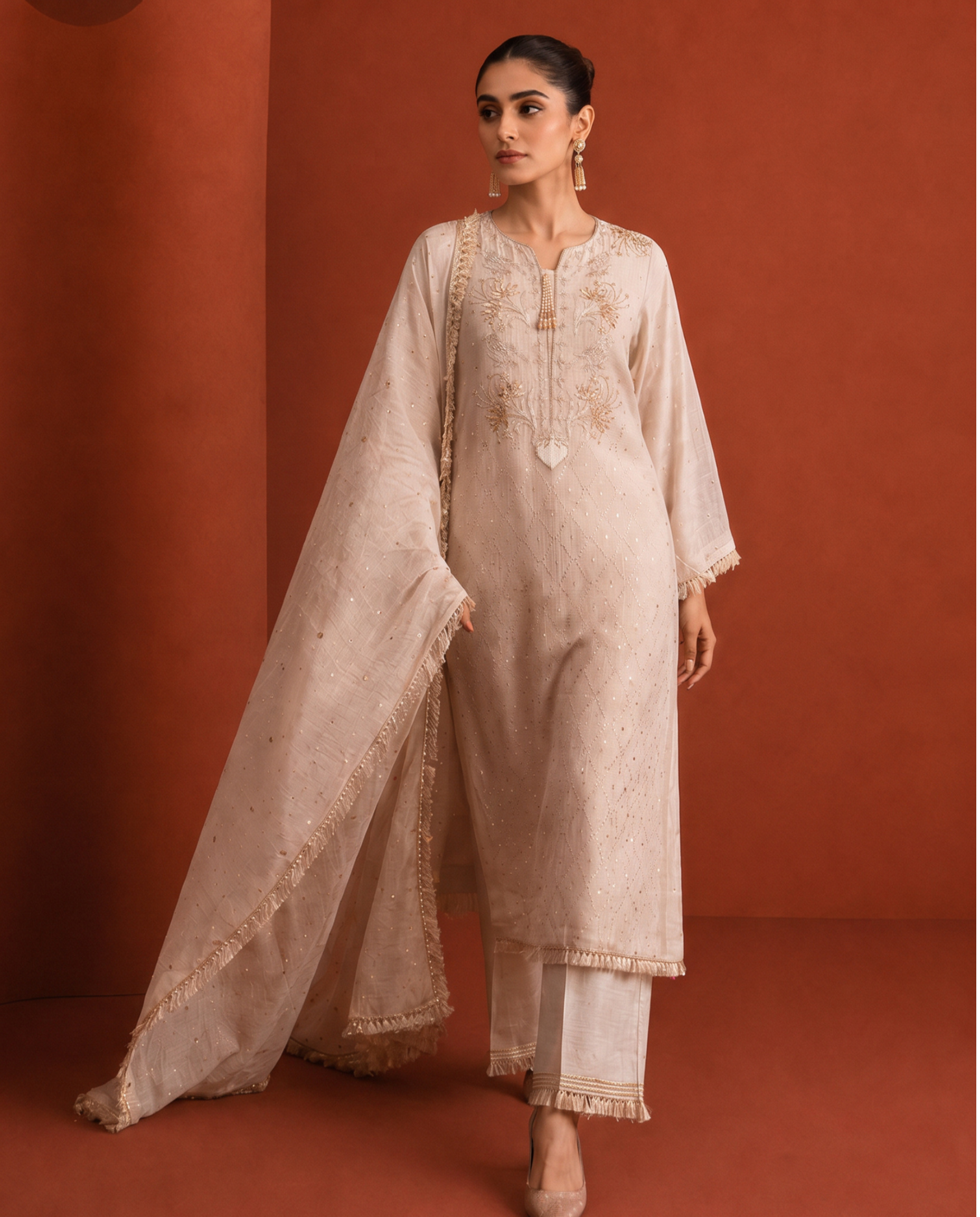 Beige Golden tissue Mukaish and Kamdani kurta