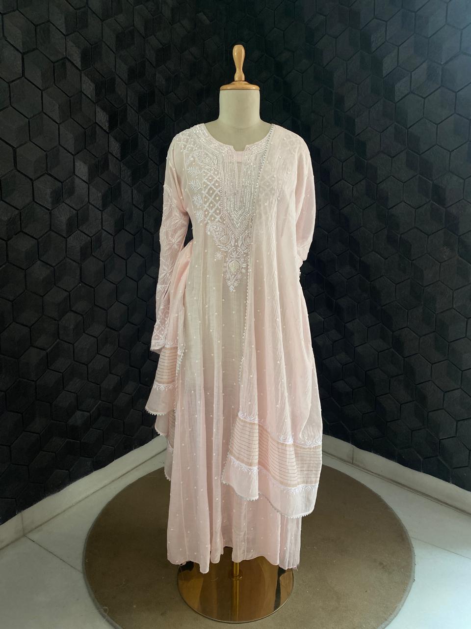 Pink chikankari Anarkali Suit in Mul Chanderi