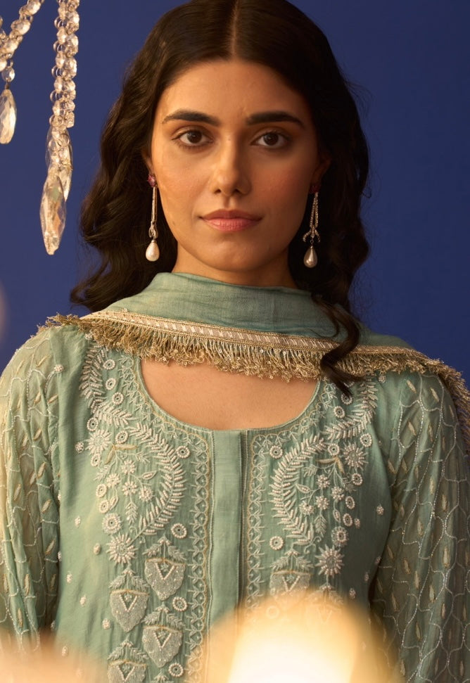 Sea Green Mul Chanderi Chikankari Kurta Set with Moroccan sleeves