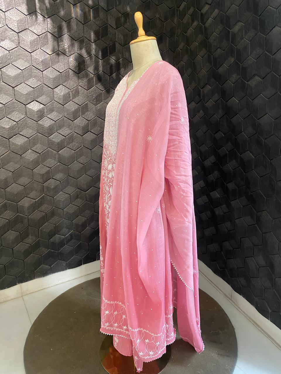 Pink Ombre Centre Panel Lotus Chikankari kurta set