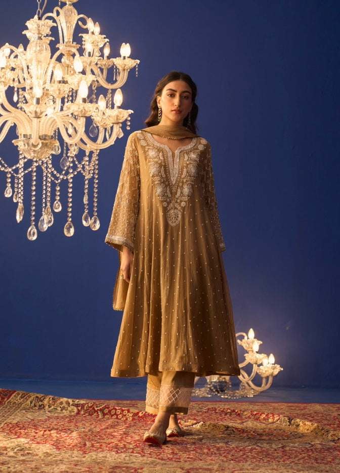 Brown Mul Chanderi Chikankari Kalidar Kurta Set