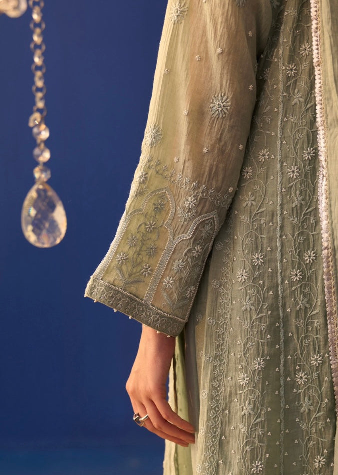 Mint Green Tissue Chikankari High Slit Anarkali Set