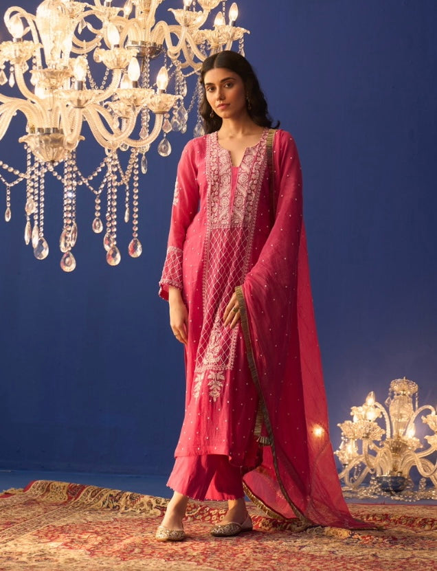 Fuschia Pink Mul Chanderi Chikankari Kurta Set