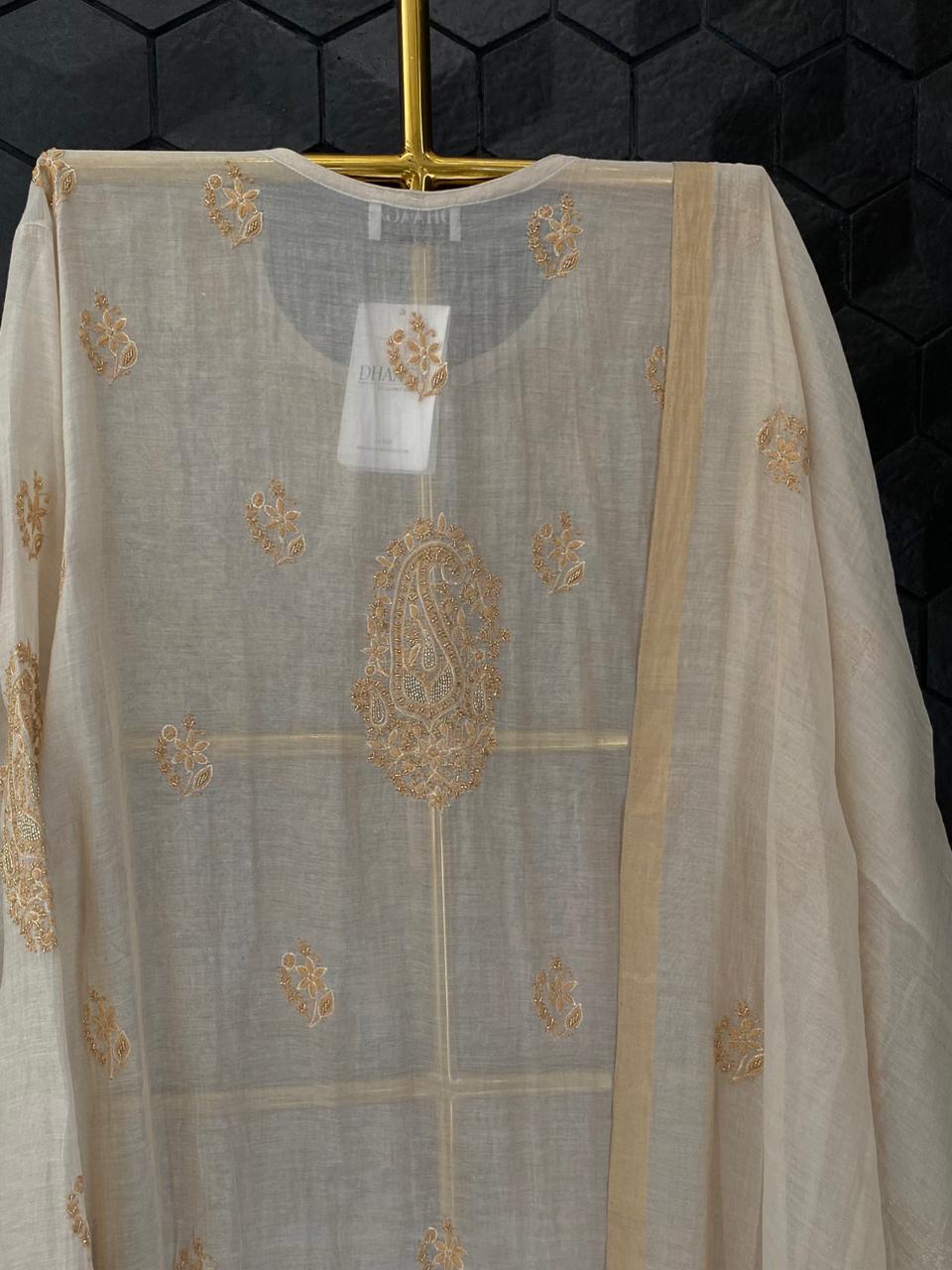 Natural Golden Tissue Chikankari Kurta Set