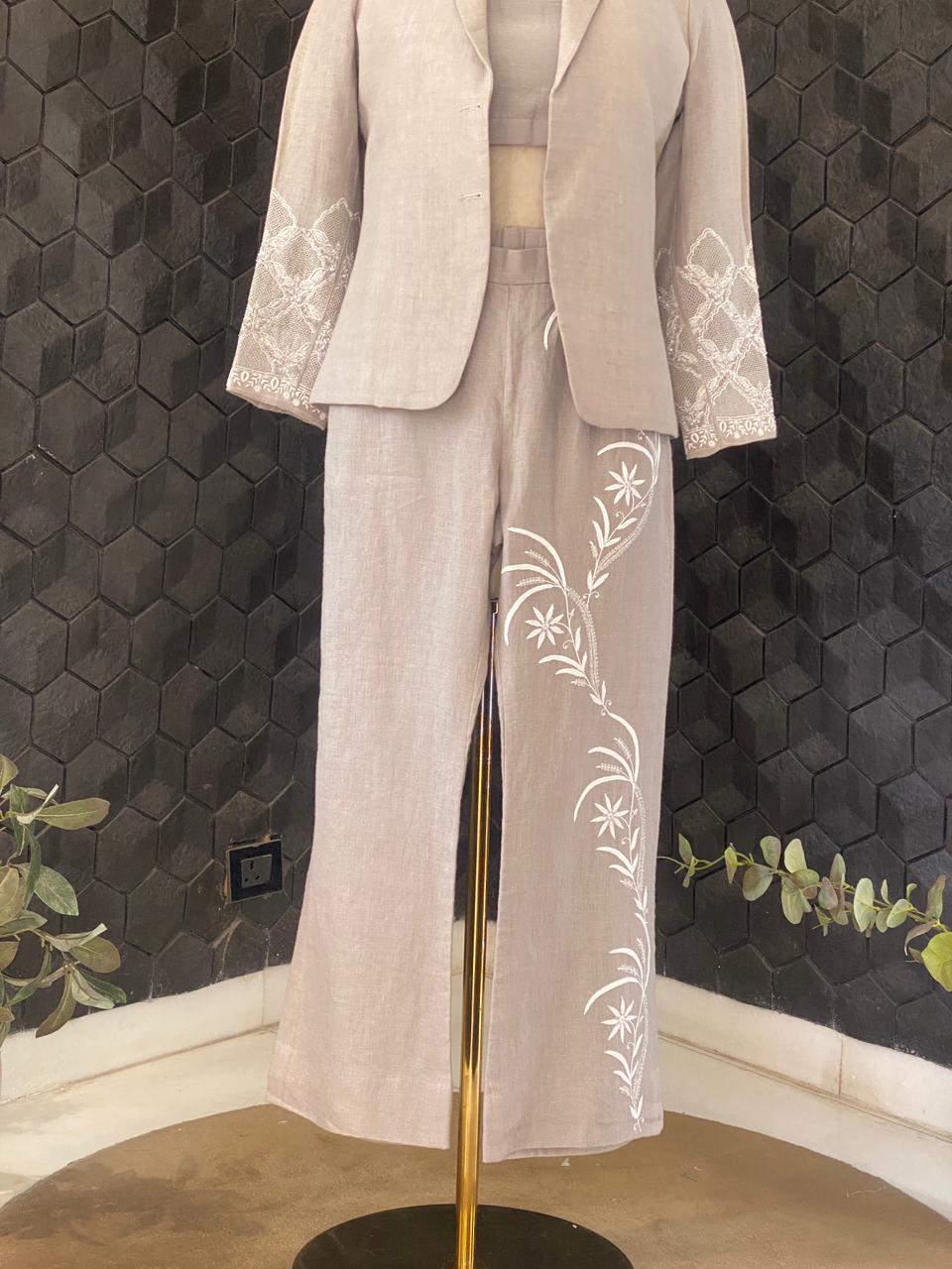 Grey Linen Jaal Boota Blazer Set