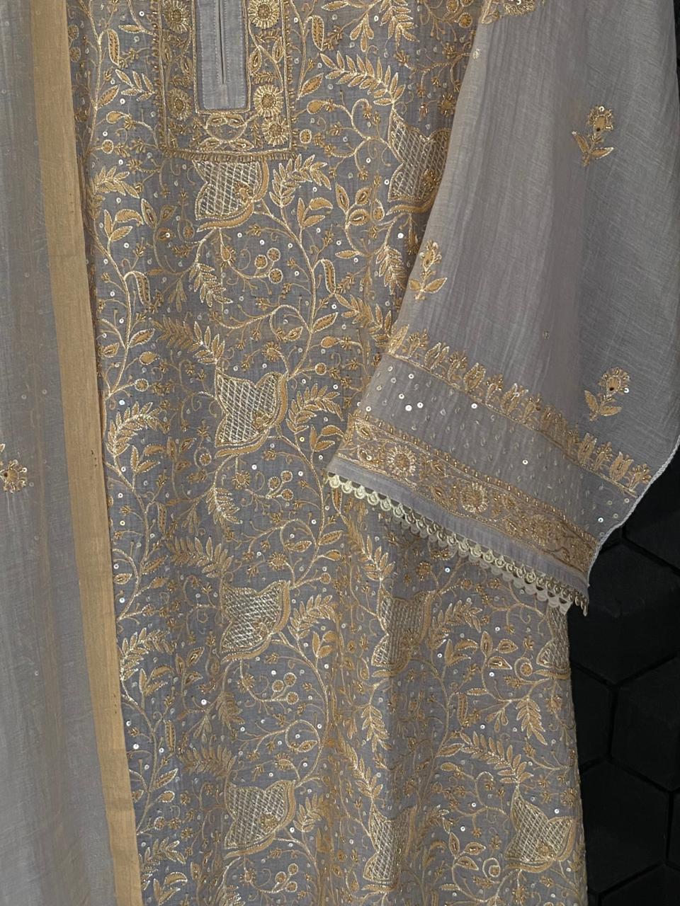 Lilac Golden Tissue Chikankari Kurta Set