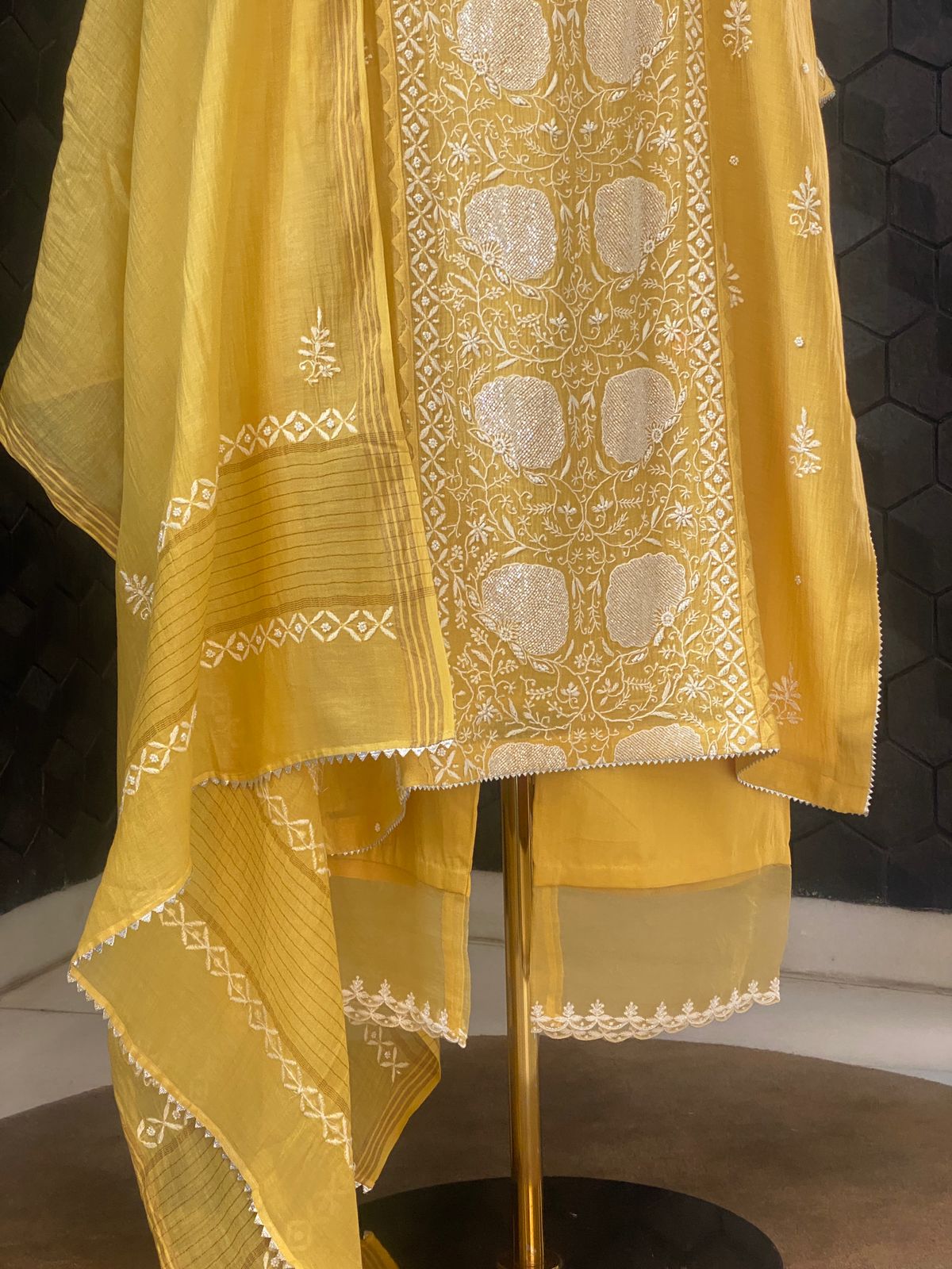 Mustard mul chanderi Chikankari Kurta Set