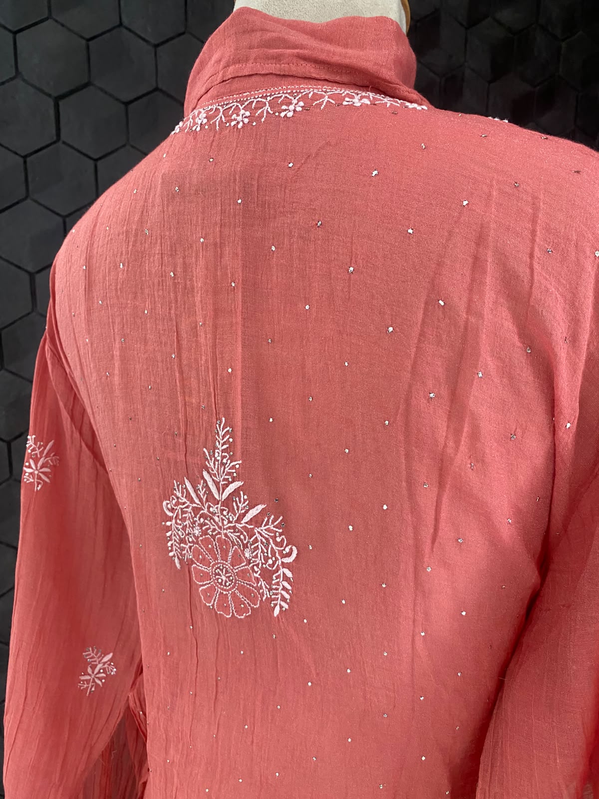 fuschia pink Golden tissue chikankari shirt
