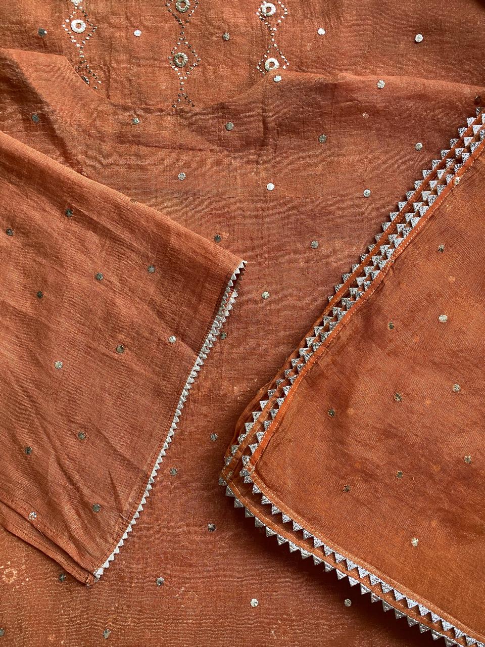Burnt Orange Golden Tissue chikankari kurta set