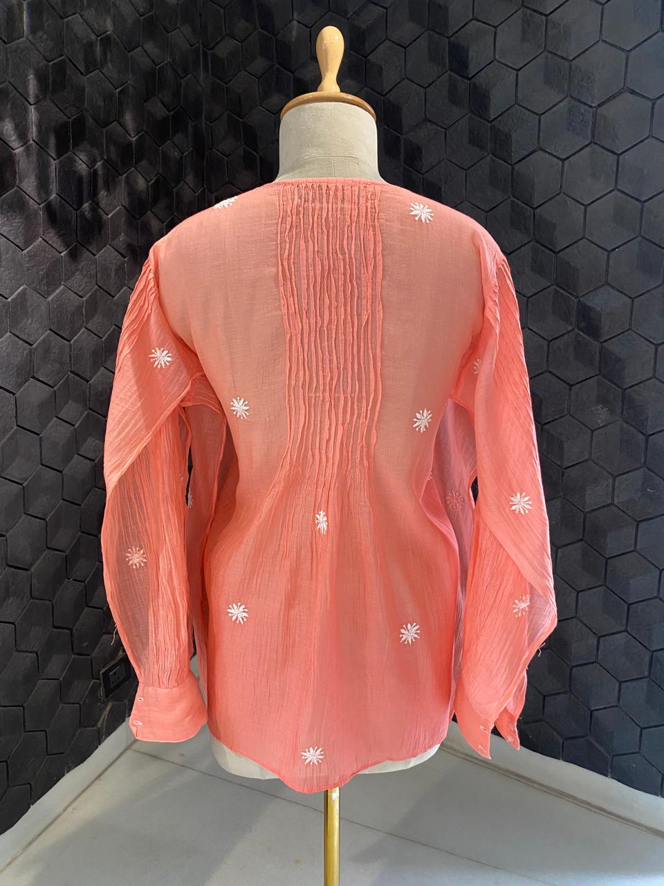 coral pink Mul Chanderi Chikankari Co-Ord Set