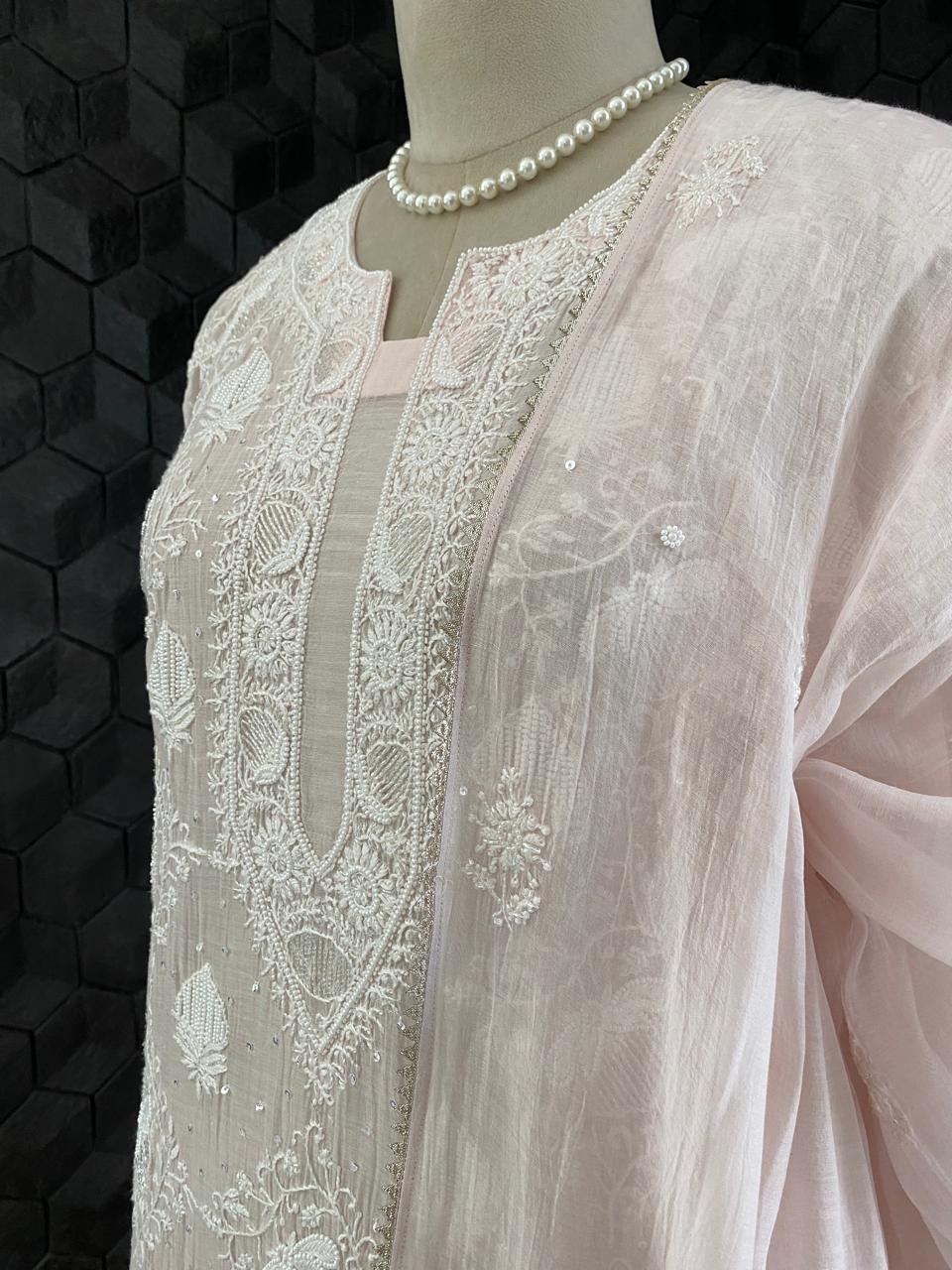 pink mul chanderi full jaal chikankari kurta set