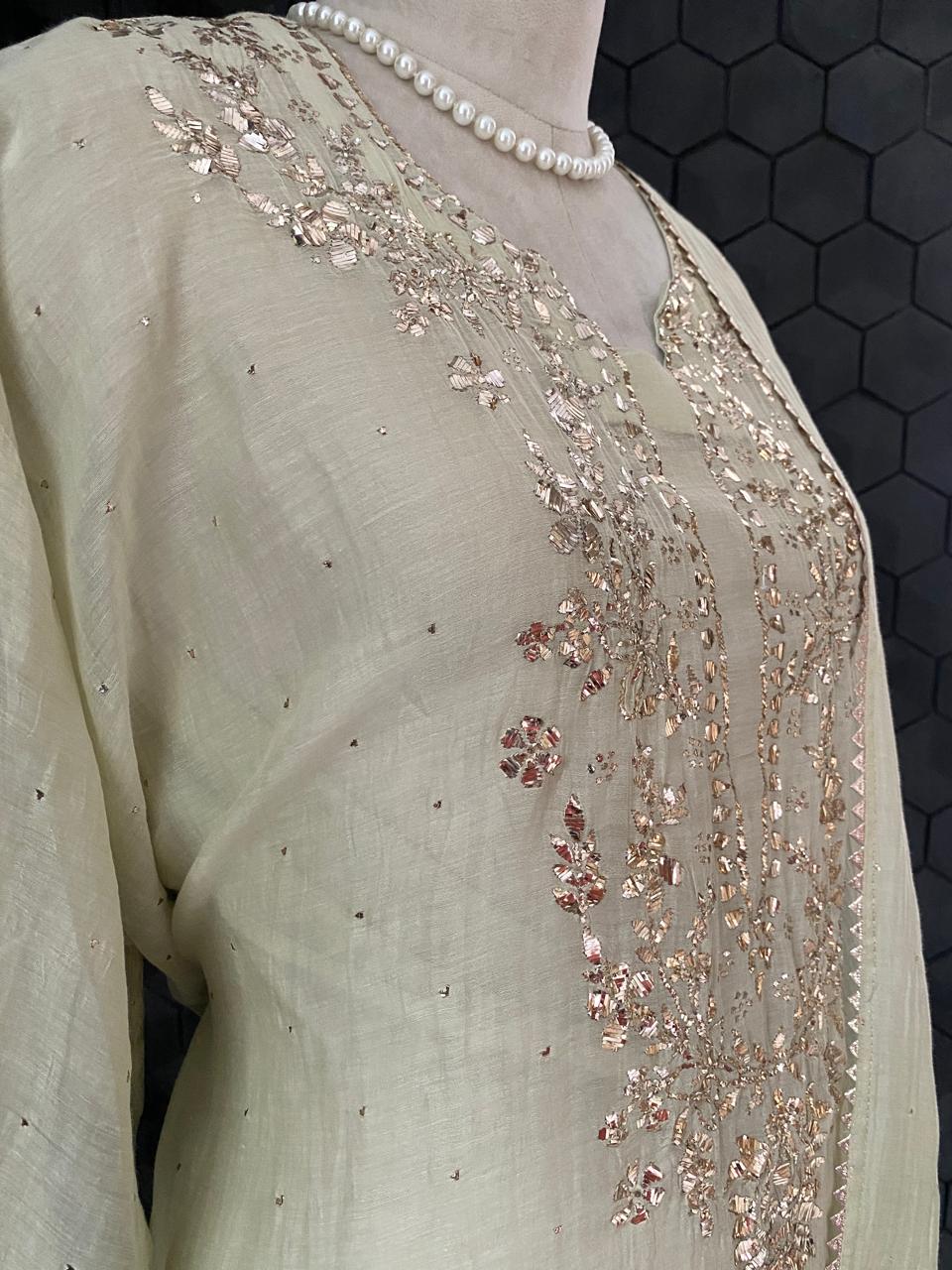 Pista Green Mul Chanderi Mukaish kurta Set