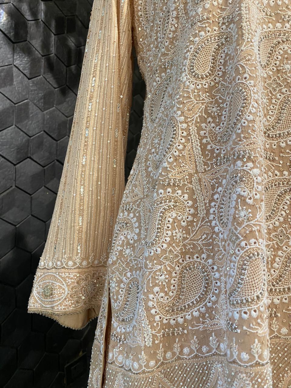Peach Georgette Chikankari Sharara Set With Paisley Jaal