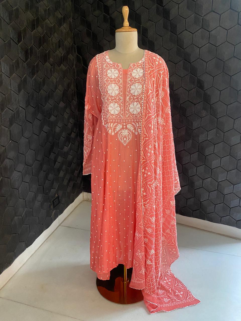 coral Pink mul chanderi chikankari kurta set