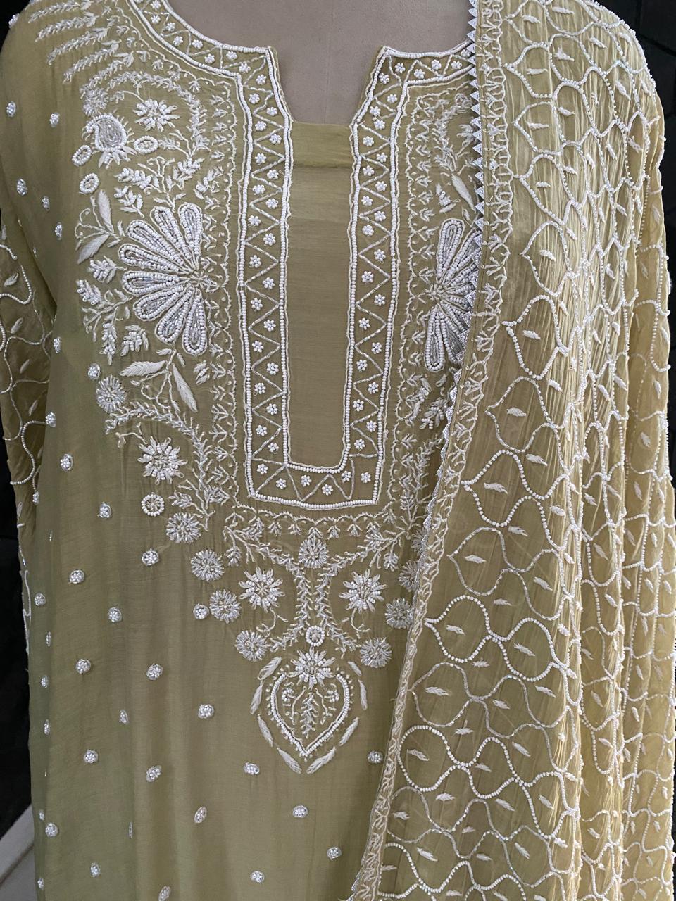 olive green ombre Mul Chanderi Chikankari Kurta Set