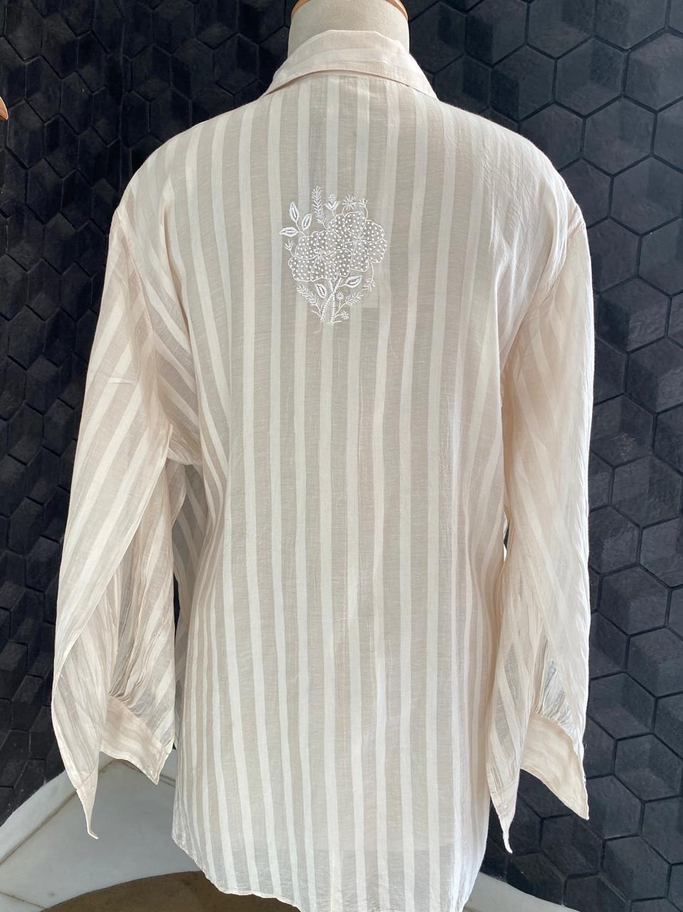 Beige striped Mul Chanderi Chikankari Co-ord set