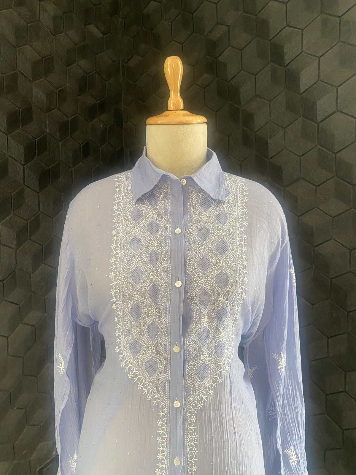 Ash Blue Golden tissue chikankari shirt