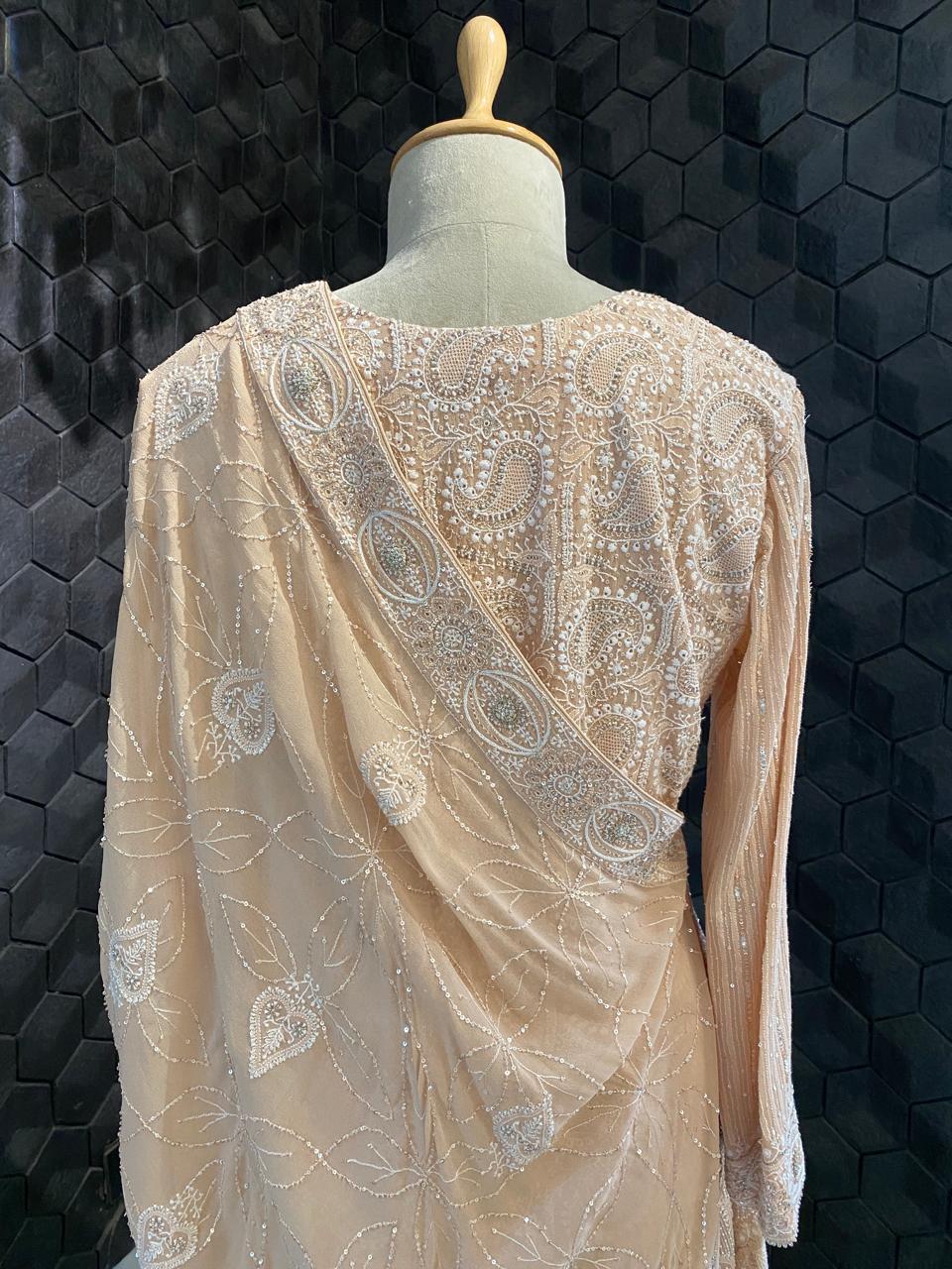 Peach Georgette Chikankari Sharara Set With Paisley Jaal