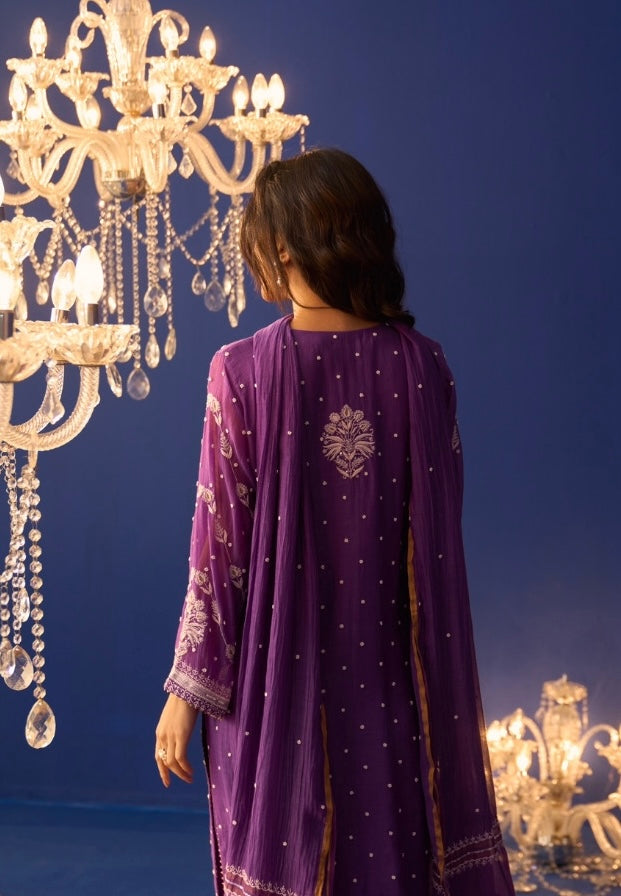 Dark Purple Mul Chanderi Chikankari Straight Kurta Set with pleated pants