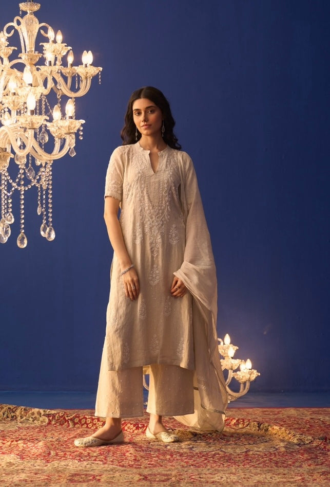Grey Silver Tissue Chikankari Kurta Set with Palazzo Pants