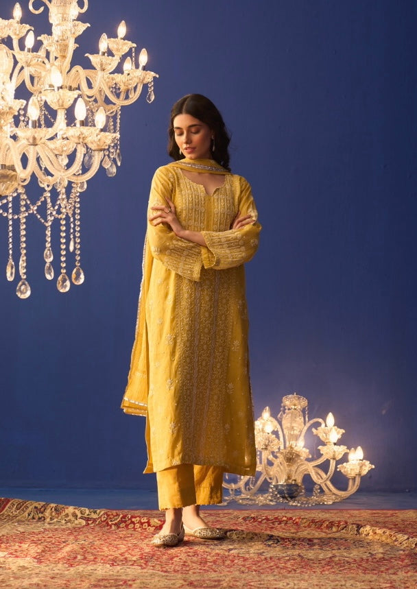 Yellow Tissue Chikankari Straight Kurta Set